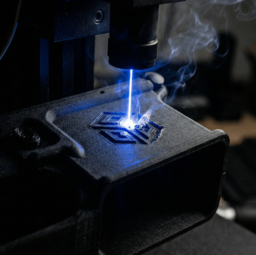 Close-up of a laser engraver marking a precise logo on a dark 3D printed part, bright laser beam visible, smoke detail, dark background, dramatic lighting, technical atmosphere, no text, no people