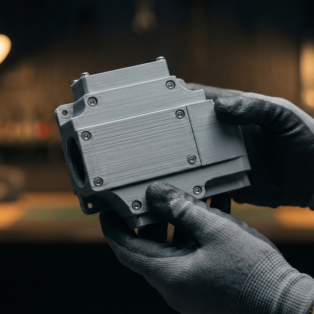 Engineer hands holding a functional 3D printed prototype mechanical enclosure, dark background, warm studio lighting, visible layer lines showing it is a prototype, professional and technical mood, no face visible, no text